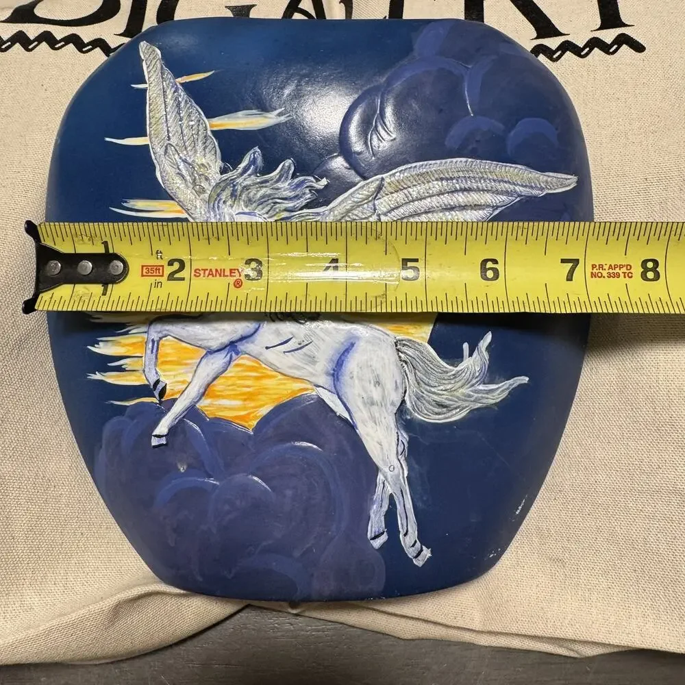 Vintage Handcrafted Flying Unicorn Pegasus Clouds Porcelain Pottery Vase Blue